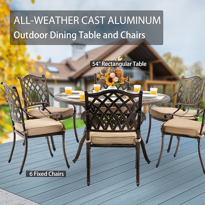 7-Piece Cast Aluminum Patio Furniture, Outdoor Dining Sets for 6 Include 54" Round Patio Dining Table and 6 Stackable Chairs with Cushions & Umbrella Hole (Bronze)