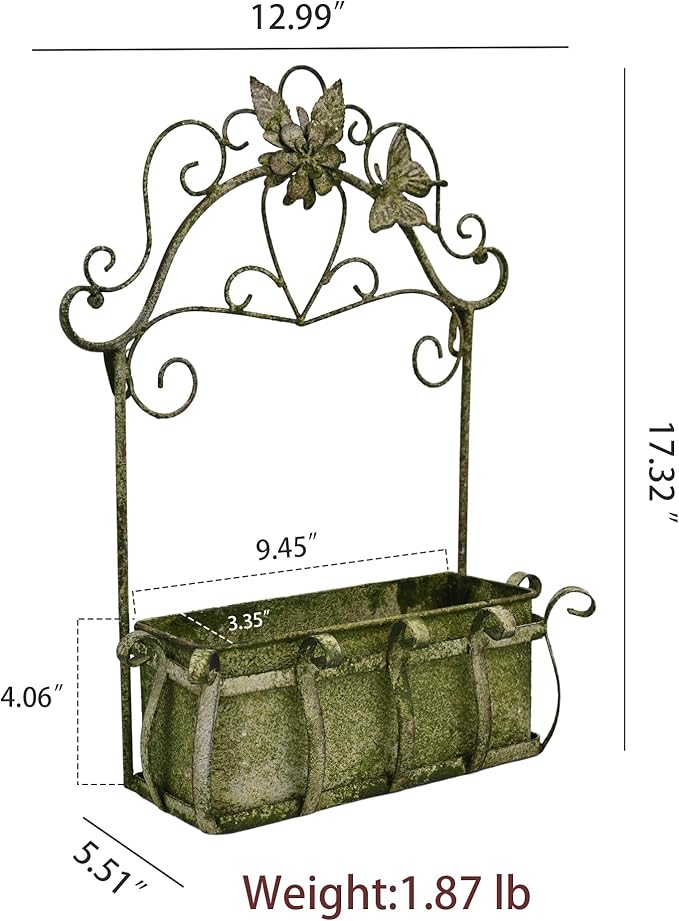Rustic Metal Wall Planter Vintage Wall Mounted Flower Pot Farmhouse Distressed Wall Hanging Plant Basket with Floral & Butterfly Decor for Indoor Outdoor Garden Home Yard (Green#2)