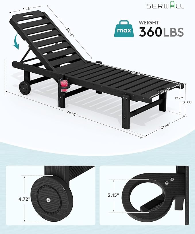 SERWALL Outdoor Chaise Lounge Set of 2, All-Weather HDPE Pool Lounge Chairs with 5-Position Adjustable Reclining Backrest, Rolling Wheels & Cup Holder for Poolside, Black