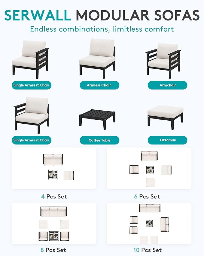 SERWALL HDPE Outdoor Furniture Set, 4 Pieces Patio Sectional Sofa Set, All-Weather Wood-Like Outdoor Sofa with Coffee Table for Deck, Garden, Black Frame with Khaki Cushion