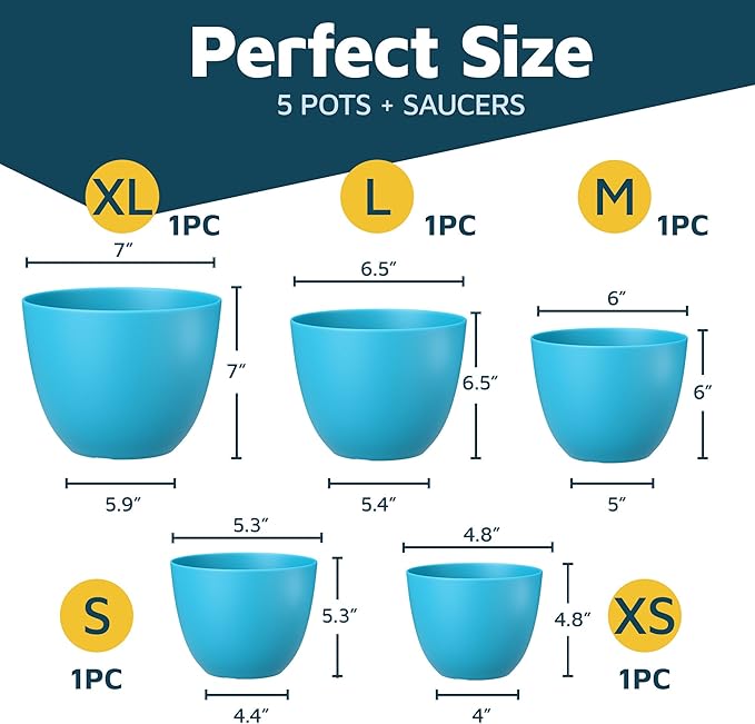 Blue Plant Pots with Drainage Holes & Saucers 5 Pack, Indoor & Outdoor Stackable Space-Saving Planters for Houseplants & Flowers, (7", 6.7", 6", 5.3", and 4.8" Inches), Durable & Weatherproof