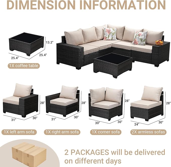 Jing's Villa 6-Piece Patio Furniture Set, All-Weather Outdoor Wicker Sectional Sofa with Cushions, Glass Table & Left and Right Armrest, Rattan Conversation Seating for Porch, Garden, Backyard,Beige