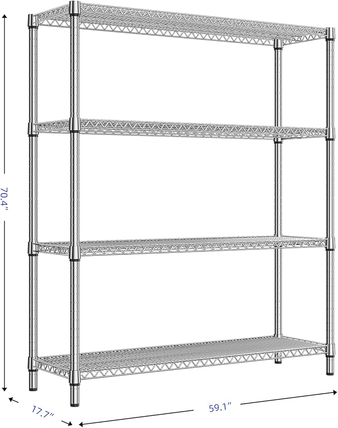 2800 LBS 59" W 4 Tier Storage Shelves Rack Metal Wire Shelving Unit, Storage Standing Shelf Organizer for Laundry Bathroom Kitchen Pantry Garage Utility Room, Chrome 17.7" D x 59.1" W x 70.4" H