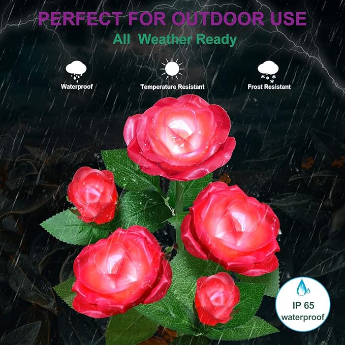 Solar Flower Lights Outdoor - Upgraded New Material Two Modes Realistic LED Solar Powered Waterproof Lights with 5 Roses, Solar Decorative Stake Lights for Garden (Red, 2 Pack)