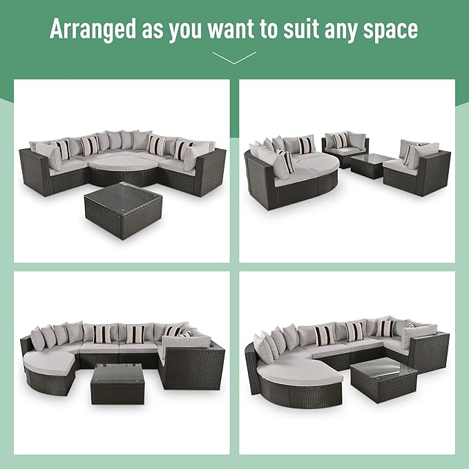 Merax 7-Piece Outdoor Wicker Sectional Sofa Set,Modular Rattan Conversation Set with Gray Cushions,Striped Green Pillows & Tempered Glass Coffee Table for Patio,Garden,Deck,Brown