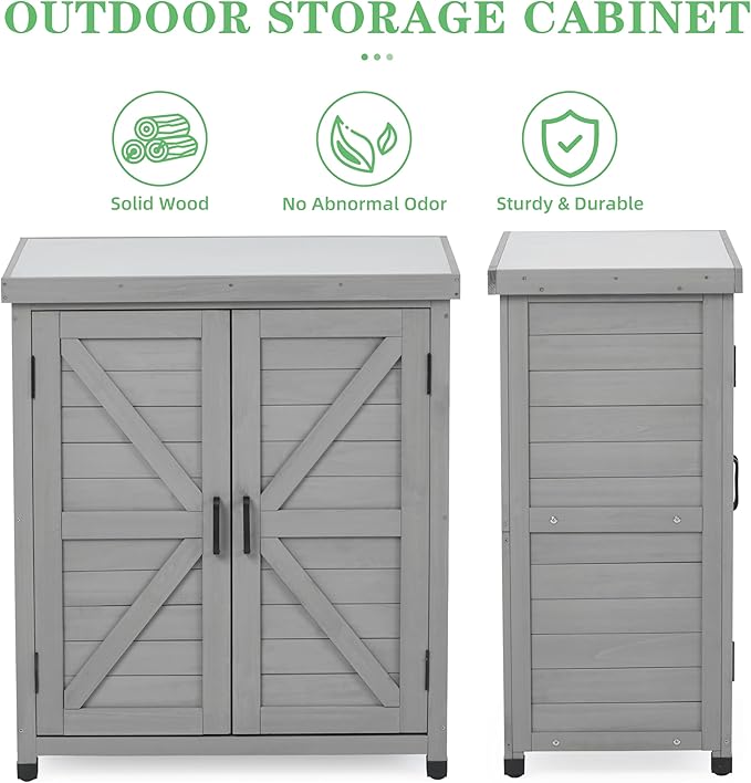 Outdoor Potting Bench with Storage Cabinet and Metal Top, Wood Workstation for Outdoor Patio, Garden (Classic Grey, 31x17x36‘’)
