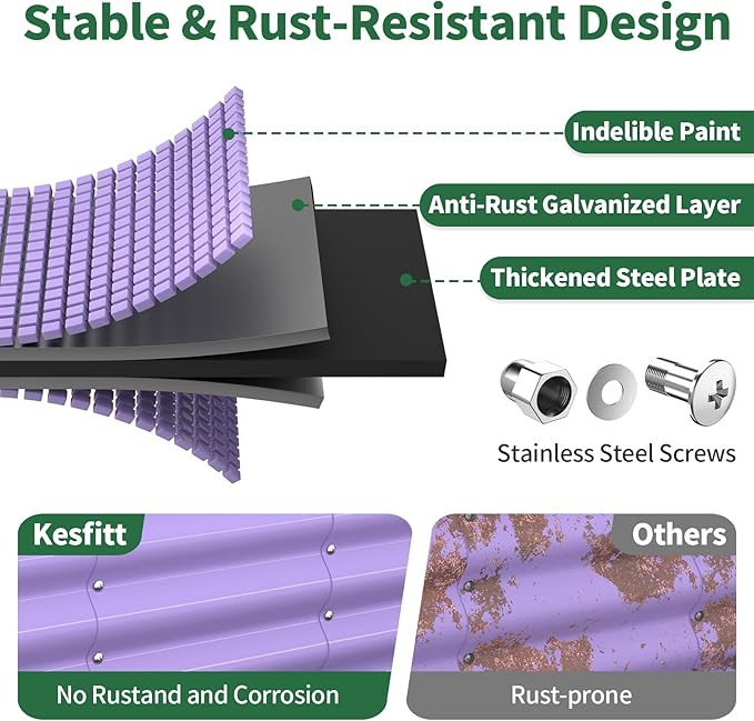 Kesfitt Raised Garden Bed, Metal Galvanized Steel Oval Garden Bed 8x2x1.5 ft with 18-Inch Deep Open-Bottom Design for Outdoor Vegetable Gardening, Lavender Purple