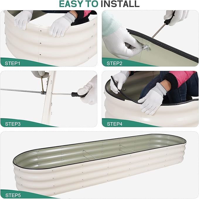 Galvanized Raised Garden Bed - 8×2×1ft Planter Raised Beds for Gardening | Oval Metal Garden Planter Box with Safety Edging and Bracing Rods for Vegetables Fruits and Flowers (White)