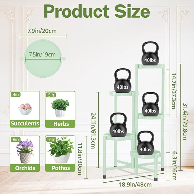 iDavosic.ly Plant Stand Indoor Outdoor, 5 Tier Corner Metal Flower Display Holder Shelf, Easy Assembly Folding Tall Orchid Rack for Patio Balcony Porch Garden Living Room House, Light Green