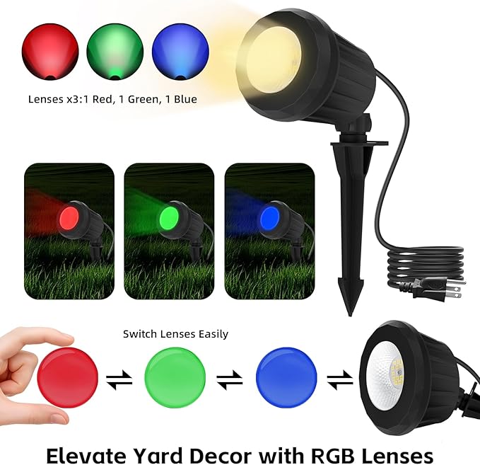 Spotlight Outdoor – 120V Plug-in, 2700K Warm White LED Landscape Spot Lights with RGB 3 Lenses for Yard, Garden, Lawn&Tree Decor, IP67 Waterproof, Perfect for Holidays&Everyday (1 Pack, Black)