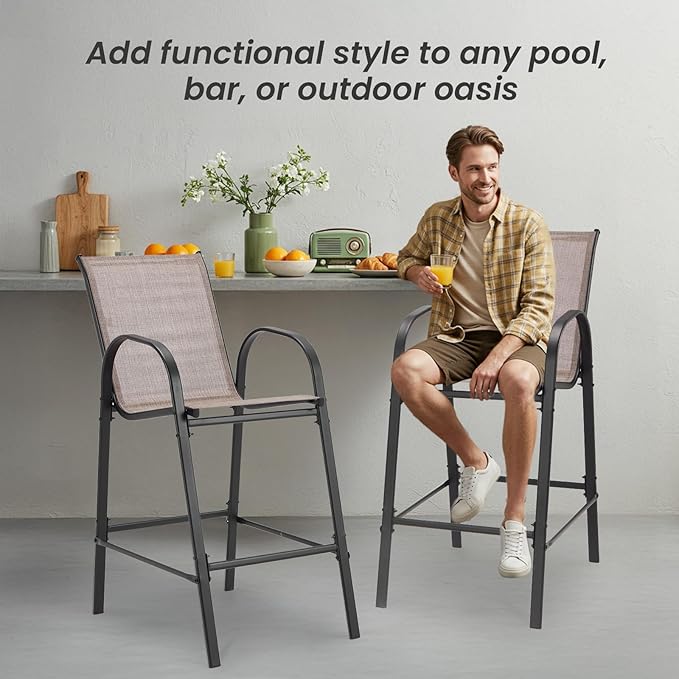 HOMREST Outdoor Bar Height Stools Set of 8,High Back Patio Chairs with Armrests,Textilene Chairs with Breathable Fabric & Metal Frame for All Weather,Taupe