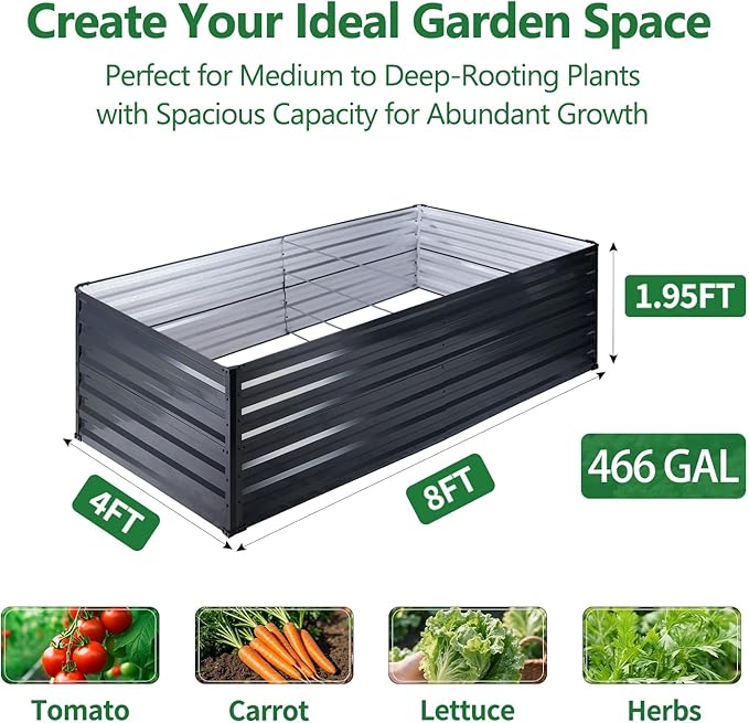 Galvalume Raised Garden Bed 8x4x1.95FT–3X Rust Resistant Aluminum-Zinc Steel,466 Gallon Extra Deep Metal Planter Box, Heavy Duty Outdoor Vegetable Garden Bed for Tomatoes, Potatoes & Root Crops