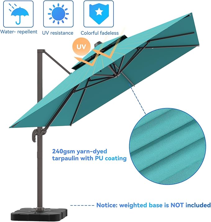 10x13FT Cantilever Outdoor Patio Umbrellas, Double Top Large Rectangle Umbrella, Heavy Duty 360° Rotation Offset Outdoor Sun Shade Umbrella for Garden Deck Pool Backyard Patio, Turquoise