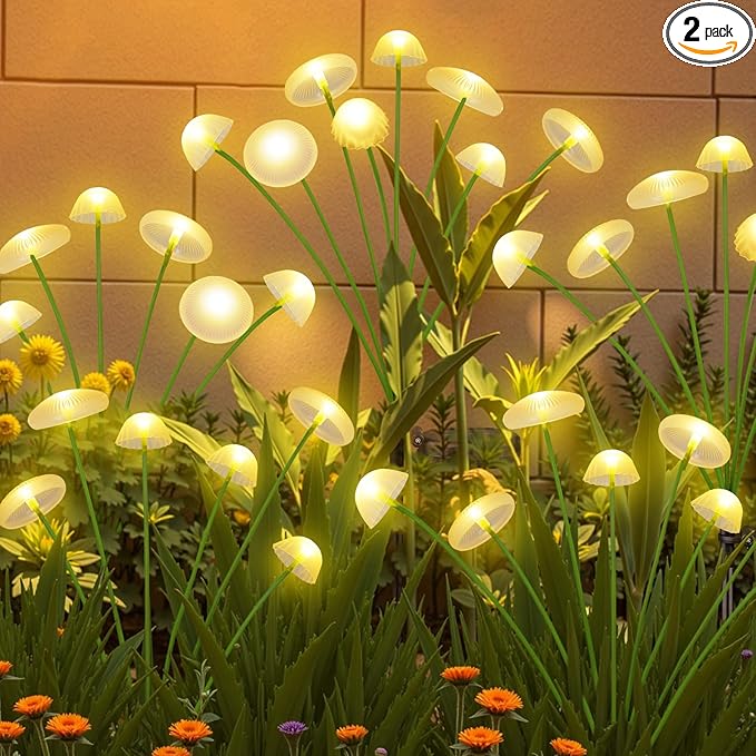 2PK 16LED Solar Garden Lights Outdoor, Mushroom Solar Lights Outdoor, IP65 Waterproof Firefly Light Outside Decor for Patio Pathway, Sway by Wind for Pathway Garden Mushroom Decorations, Warm White