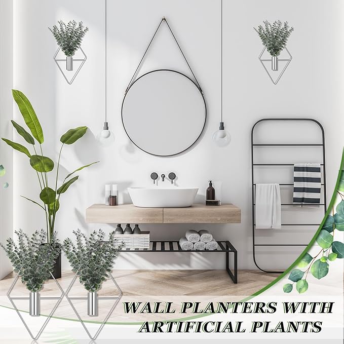 Jexine 8 Pcs Hanging Planters with Artificial Eucalyptus Metal Hanging Vase Indoor Plants Holder Modern Geometric Boho Bathroom Wall Decor for Living Room Home Office (Eucalyptus,Chrome Sliver)