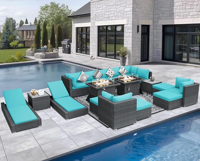 NICESOUL 18 Piece Outdoor Sectional with Fire Pit Table, Luxury Huge Patio Furniture with Fire Pit Table & Chaise Lounge, 14-Seater Wide Deep Seated Sofa for Deck, Poolside Gray & Turquoise