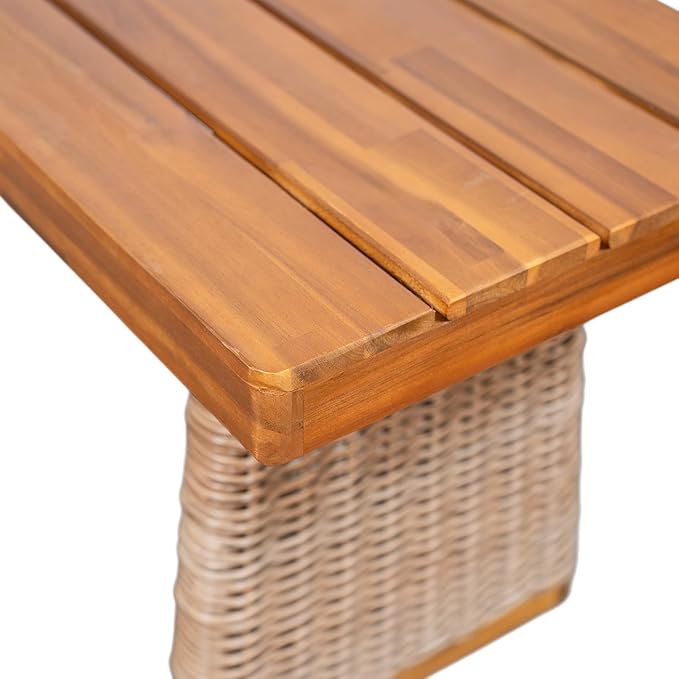 Christopher Knight Home Pasco Acacia Wood Outdoor Dining Table Set for 6, Wicker Patio Dining Set with Acacia Wood Table and Bench, Patio Table and Chair Set with Cushion+Rope Backrest,Brown+Teak+Grey