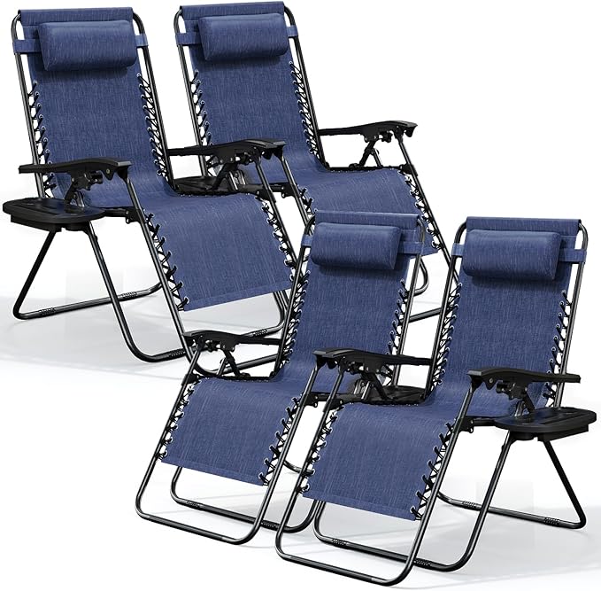 Nestl Zero Gravity Chairs Set of 4, Patio Lounge Chair Outdoor with Pillows & Cup Holder Trays, Adjustable Steel Mesh Reclining Camping Chair, Folding Patio Lawn Chair for Deck, Beach, Yard - Blue