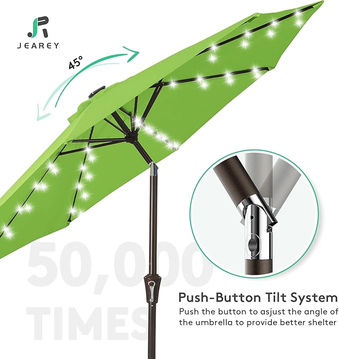 JEAREY 9FT Outdoor Patio Umbrella with Solar Lights, LED Lighted Pool Umbrella with Tilt and Crank, Outdoor Table Umbrellas for Deck, Yard & Market (Grass Green)