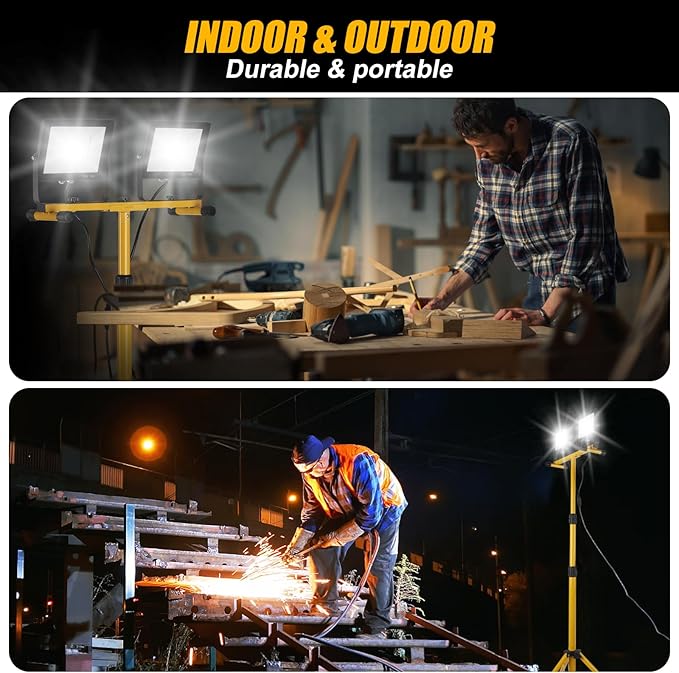 14000Lumen LED Work Lights with Stand - 2 Head Portable Work Light on Stand - IP66 Waterproof Tripod Worklights for Outdoor Indoor Job Site Workshop Garage Construction Site Lighting