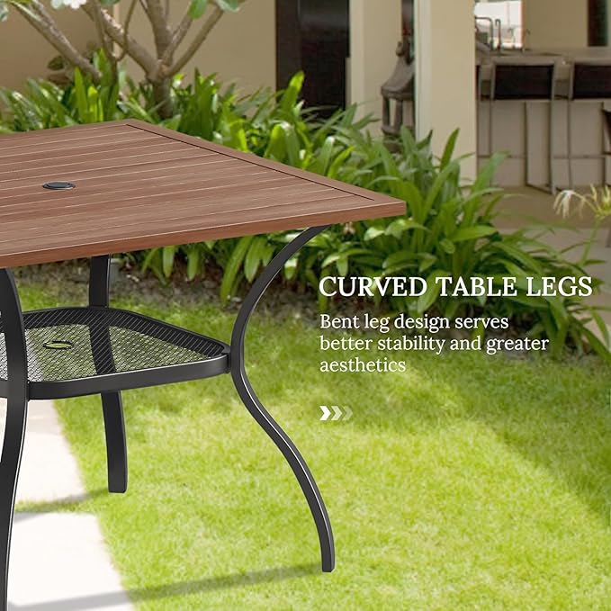 VICLLAX 5 Pieces Patio Dining Set, Outdoor Furniture Set Includes 37.8" Square Outdoor Table and 4 Stackable Patio Sling Chairs, Walnut Tabletop and Brown Fabric