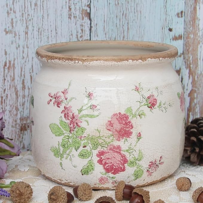Decorative Pots Spring Decor, Pastel Floral Ceramic Garden Pots with Drainage, 6.29 Inch Pink Vintage Grandma Flower Pots for Indoor Plants & Succulent, Crackle Glaze Pottery Planters, Mom Gifts