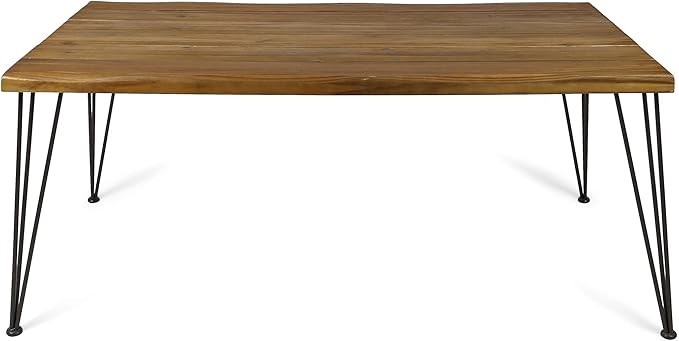 Christopher Knight Home Kama Patio Dining, Rectangular, 72", Acacia Wood Table Top, Rustic Iron Hairpin Legs, Teak Finish, Metal