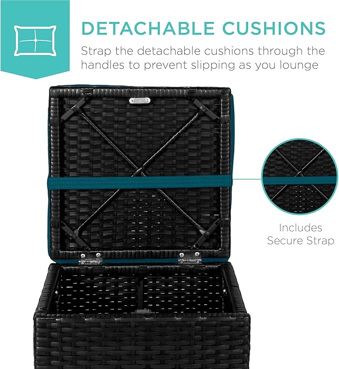 Best Choice Products Set of 2 Wicker Ottomans, Multipurpose Outdoor Furniture for Patio, Backyard, Additional Seating, Footrest, Side Table w/Storage, Removable Cushions - Peacock Blue/Black