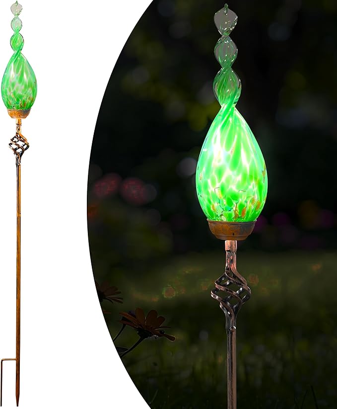 Solar Garden Lights Outdoor, Decorative LED Flame Garden Stakes, Hand Blown Glass and Outdoor Waterproof Glass Stakes (Green)