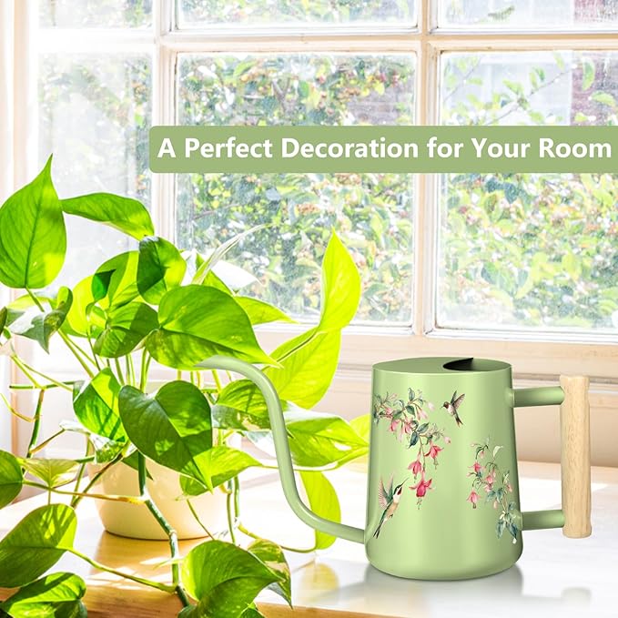 Watering Can Indoor Plants, 35oz Small Stainless Steel Metal Watering Can Modern Decorative Watering Pot with Long Spout for Indoor House Plant Bonsai Garden Flowers (Saga Green 1)