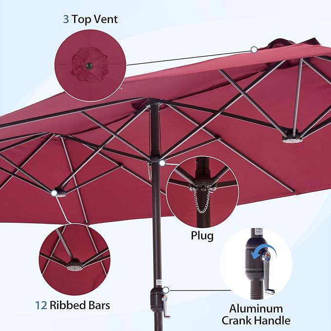 DUMOS 15FT Large Patio Umbrella with Base Included, Heavy Duty Extra Wide Outside Umbrella with 12 Ribbed Bars, Rectangle Outdoor Table Umbrella for Patio, Backyard, Pool, Deck & Garden, Red