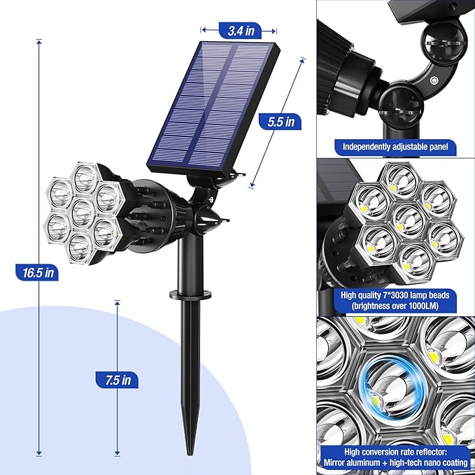 Solar Spot Lights Outdoor 1000LM, IP68 Waterproof Solar Lights Outdoor with 7x360° Adjustable Metal Hose, 4 Lighting Modes Spotlights for Garden Pathway Yard Landscape, 4 Pack (Cool White)