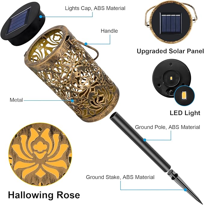 4 Pack Solar Pathway Lights Lights Outdoor, LED Solar Lantern Bright Metal Retro Waterproof, Outside Decorative Rose Hanging Lanterns Solar Powered for Path Lawn Patio Yard Walkway (Rose, 4 Pack)