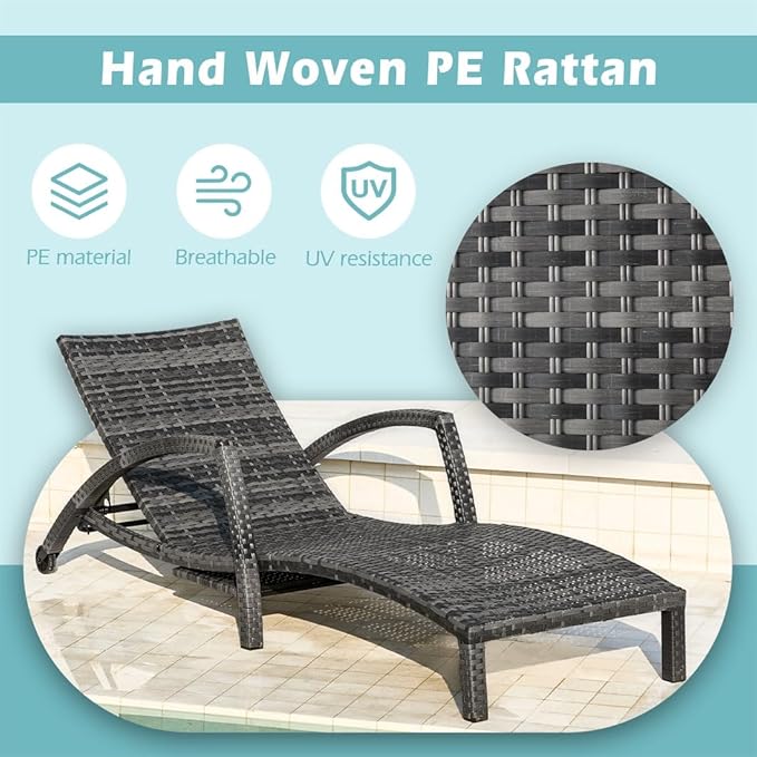 Chaise Lounge Chairs Outdoor Comfy Outside Wicker Patio Pool Lounge Chair w/ 5 Adjustable Back Angle Cup Holder Thicken Cushion