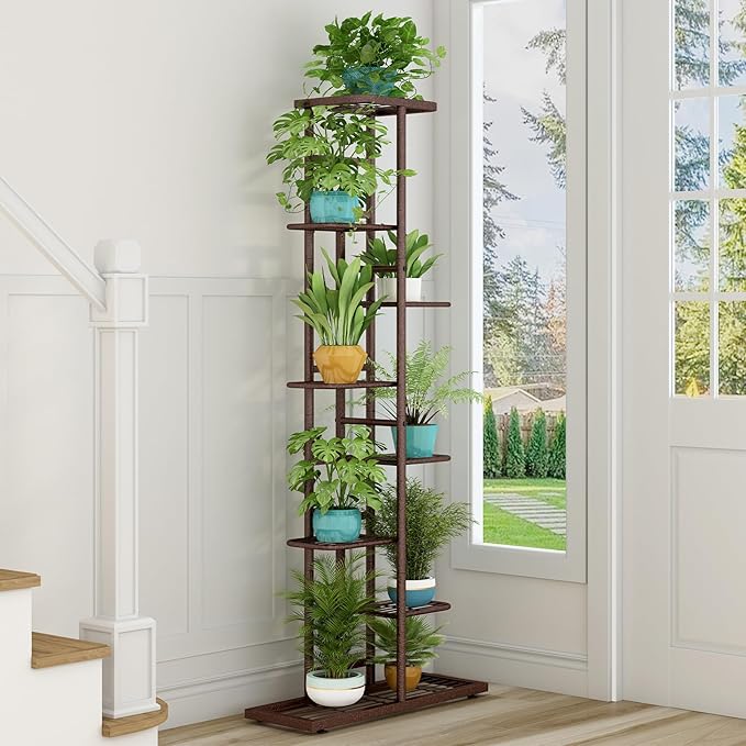 LINZINAR Plant Stand Indoor Outdoor Metal 8 Tier 9 Potted Multiple Flower Pot Holder Shelf Planter Display Shelving Unit for Patio Garden Corner Balcony Living Room