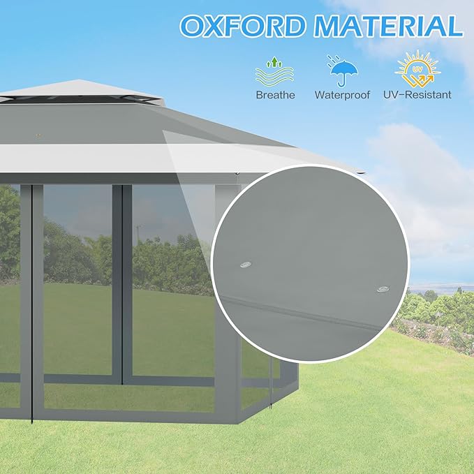 ECOTOUGE 13x13 FT Pop Up Canopy Tent with Mosquito Nettings, Patio Party Instant Shelte Gazebo w/Carrying Roller Bag Waterproof and UV Resistant for Outdoor Garden, Grill and Backyard, Grey-White