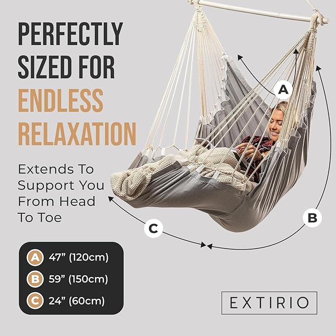 Hanging Hammock Chair Swing – Hanging Chair Outdoor & Indoor - Hammock Swing Chair – Quick & Easy Setup with Hardware Kit – Durable & Spacious Full Body Support with 2 Plush Cushions – Holds 440 Lbs