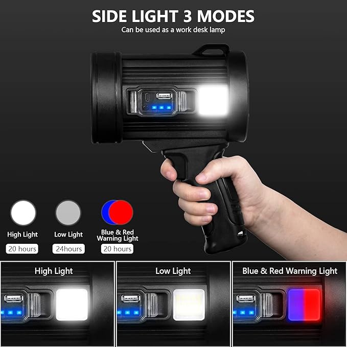 MIXILIN Rechargeable Spotlight, 99,000 Lumens Handheld Hunting Flashlight Led Spot Light with Cob Light and Solar Panels, Lightweight and Super Bright Spotlight for Hunting Boating Camping