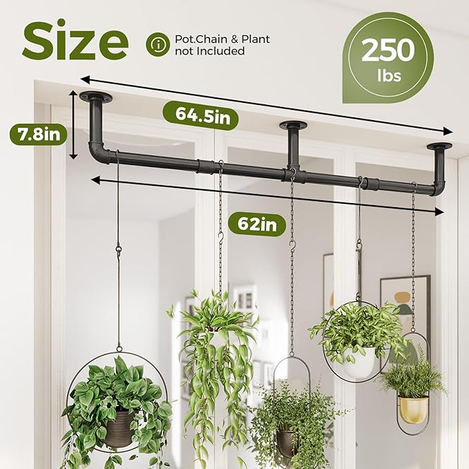Bamworld Window Plant Hanger Indoor 63in 2PCS Hanging Planters for Indoor Plants Hanging Plants Holder Hanging Rod Window Plant Shelves Wall Planters Pot/Chain/Plant Not Included (Black)