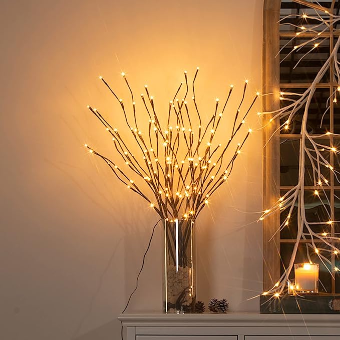 Vanthylit Set of 2 3PK 30" Brown Lighted Twig Stakes 120 Warm White Pathway Light for Outdoor and Indoor (Vase Excluded)