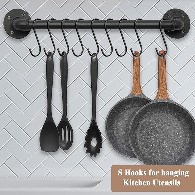 30 Pack 3.7 inch Length S Hooks Black Steel S Shaped Hooks for Hanging Jeans Pans Pots Plants Bags Towels Kitchen Closet Hooks Hanger, Fit The Rod Dia Less than1 inches