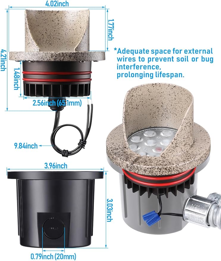 LEONLITE Dia. 4 Inch Well Lights Landscape LED In Ground, Shielded Top, 3000K Warm White, 12-24V AC/DC CRI90 Low Voltage Garden Landscaping, Rock Color Aluminum Housing, Pack of 6