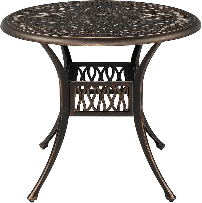 VINGLI 35.4' Dia Patio Dining Table with Umbrella Hole, Cast Aluminum Bistro Table for Outdoor Garden Use (35.4' Dia x 29.5' H)