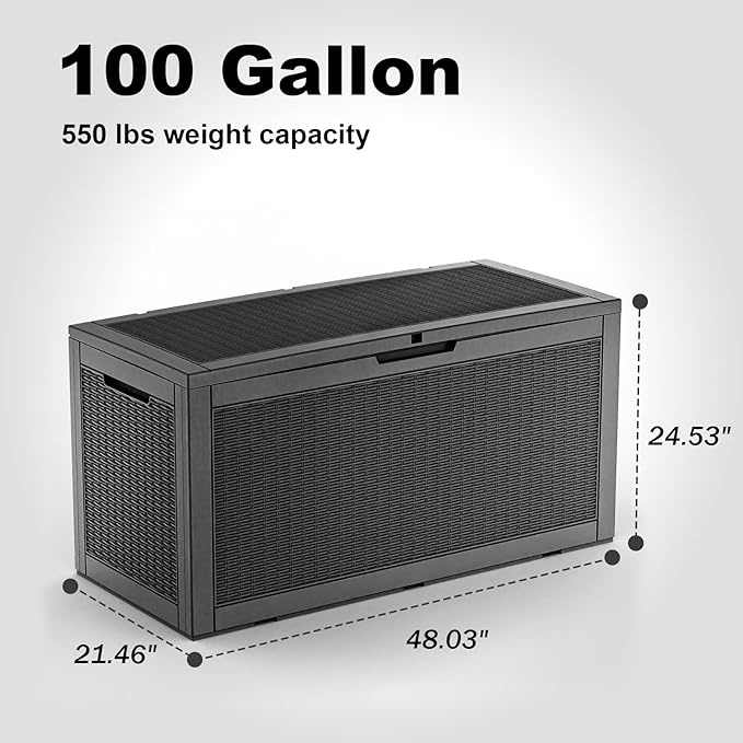 100 Gallon Resin Deck Box, Lockable Patio Outdoor Storage Box for Furniture, Garden Tools and Tools Storage, Waterproof Outside Storage Boxes - Black