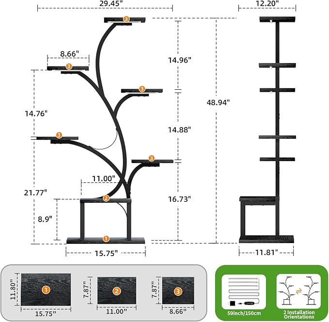 Plant Stand Indoor with Grow Lights, 7 Tiered Indoor Plant Shelf, 49" Corner Plant Stands for Indoor Plants, Metal Plant Flower Display Shelf, Tree-Shaped Plant Rack for Home, Black