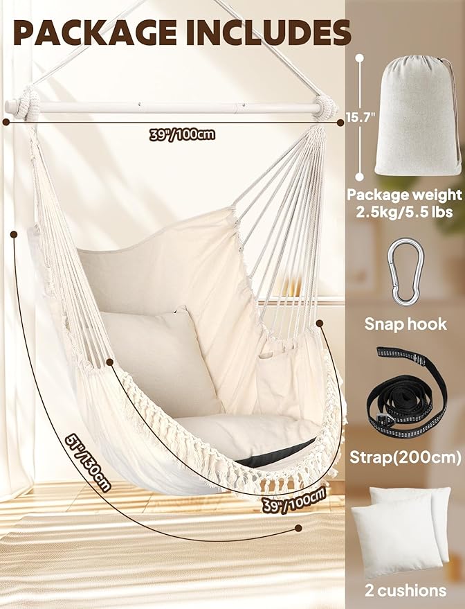Chihee Hammock Chair Hanging Swing Max 500 Lbs 2 Cushions Included Metal Spreader Bar with Anti-Slip Grooves Portable Hanging Chair Side Pocket Large Macrame Bohemian Chair Indoor Outdoor