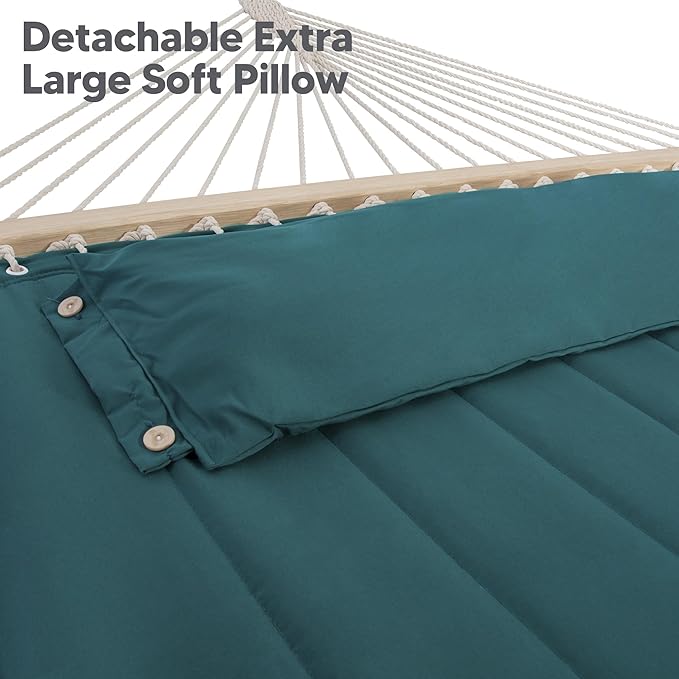 SUNCREAT Hammocks Extra Large Double Hammock with 12 ft Stand for Outside, 475lbs Capacity, Outdoor Portable Hammock with Hardwood Spreader Bar, Extra Large Pillow, Dark Green