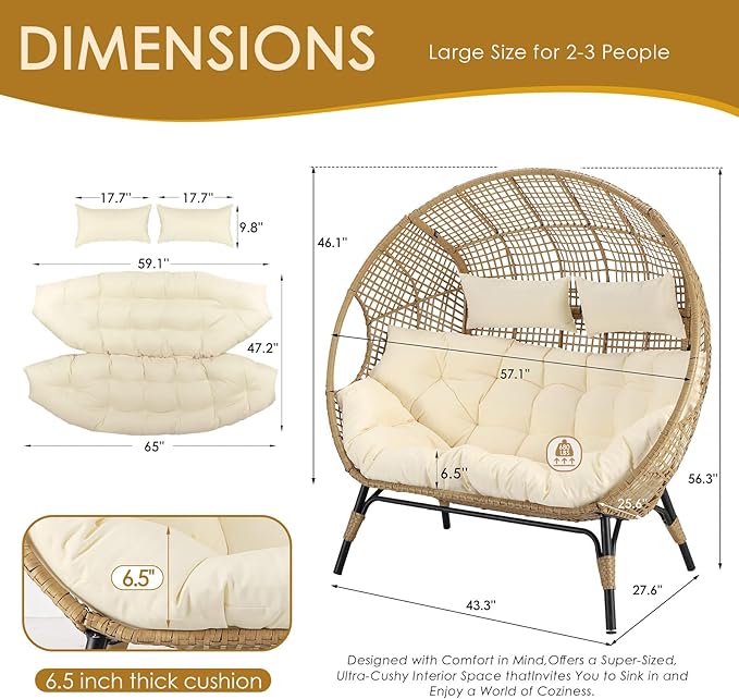 NICESOUL® Double Egg Chair Indoor Outdoor Stationary Oversized 6.5" Thick Padded Cushions,2 Person Egg Wicker Loveseat Chair,680 lbs Extra Large Lounge Chair for Patio Balcony Porch Backyard Beige