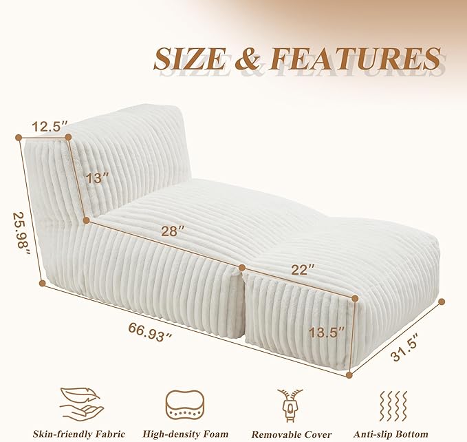 Hobestluk Big Bean Bag Lounger Chairs Large Beanbag Chair for Adults Bean Bag Sofa with Memory Foam Filled for Living Room, Bedroom or Balcony (Stripe White)