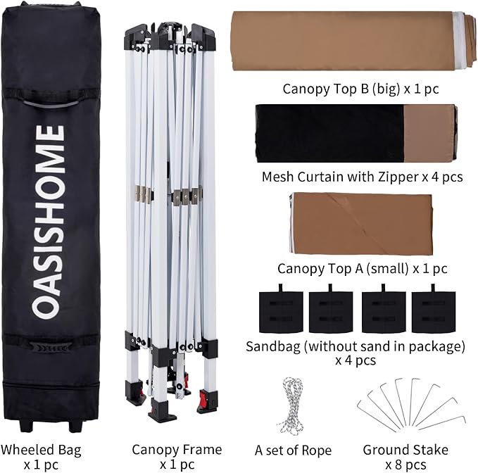 OASISHOME Pop-up Gazebo Portable Instant Canopy Tent 12x12, One-Push Locking System, with 4 Mesh Sidewall, Wheeled Bag, for Patio/Backyard/Outdoor/Parties/Events (Khaki)